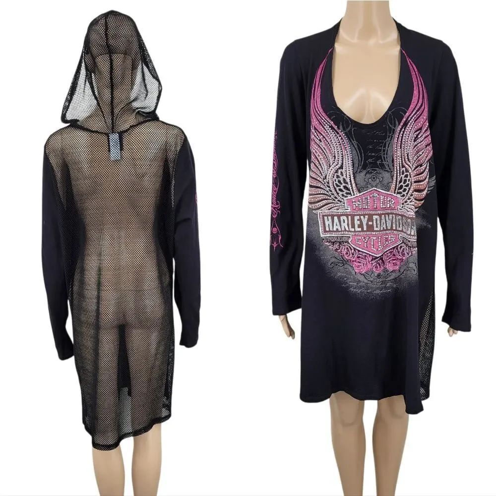 Harley-Davidson Black and Pink Graphic Long Sleeve Dress Cover Up Mesh Hooded